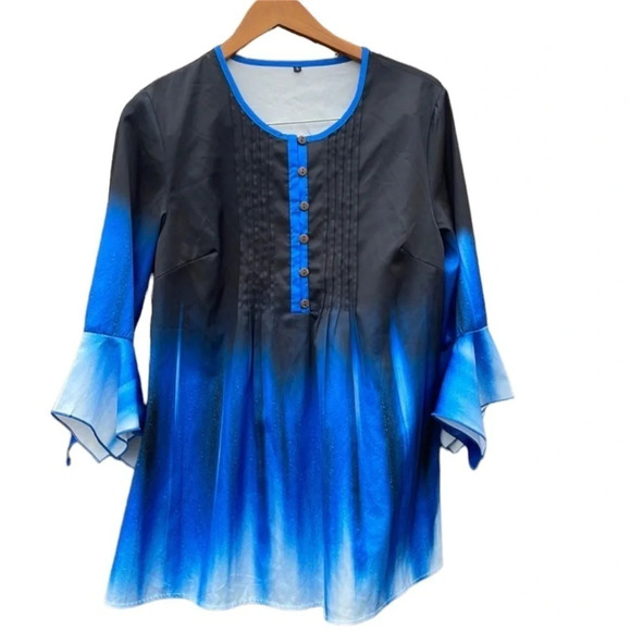 Blouse black and blue women's size large with flared arms - Picture 1 of 5